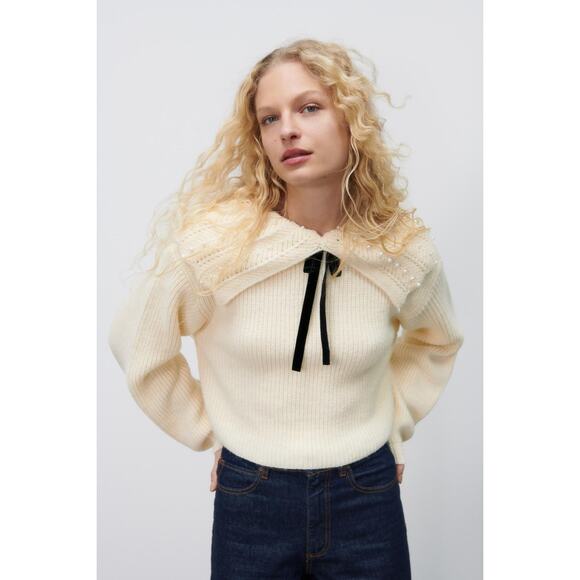 ZARA Ruffled Cable Knit Sweater Ecru with Pearls and Bow Size Small 4331/003 - Picture 3 of 16